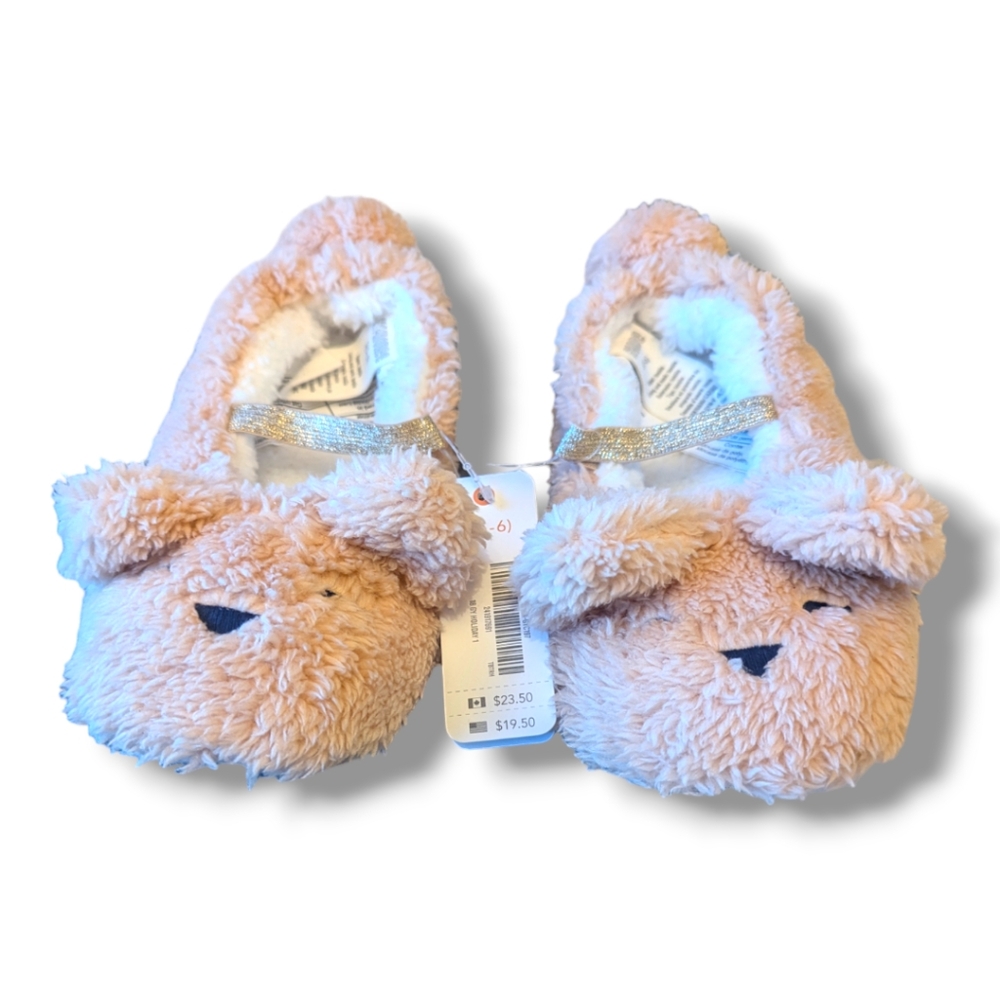 Gymboree Girls S 5-6 Pink w/Gold Sparkle Straps Bear Slippers